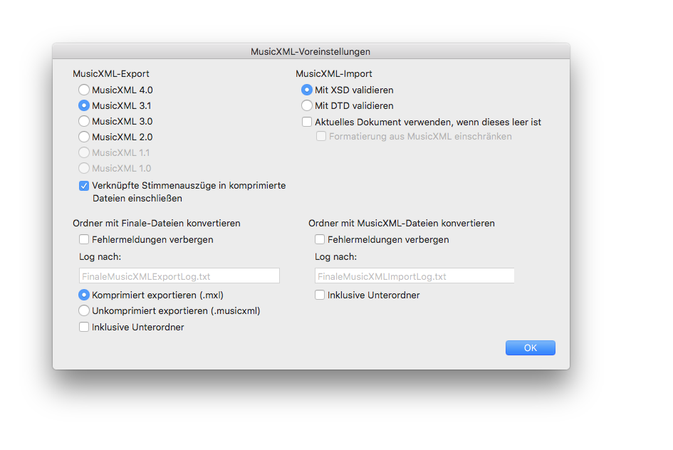 Dialogbox MusicXML-Voreinstellungen